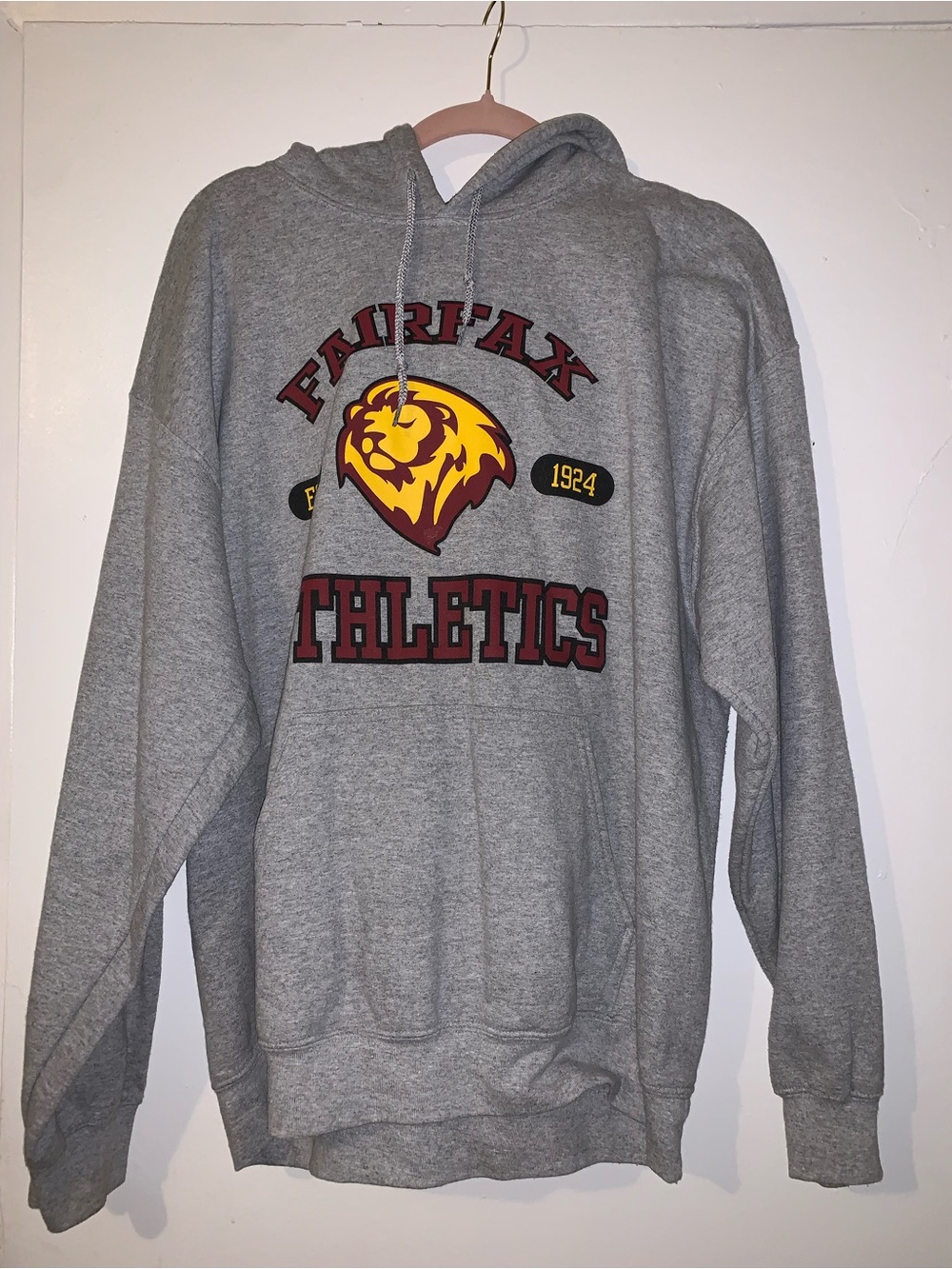 Gildan Gray Hoodie with Maroon and Gold Fairfax Athletics Logo